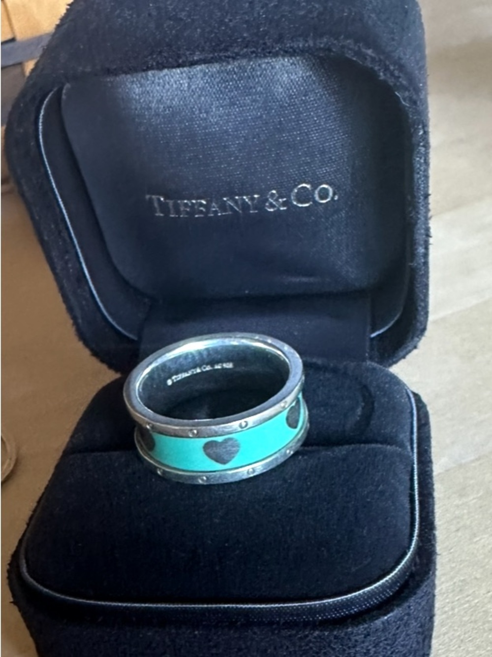 Tiffany & Co. Unisex Silver Ring with Turquoise Enamel and Heart Motif